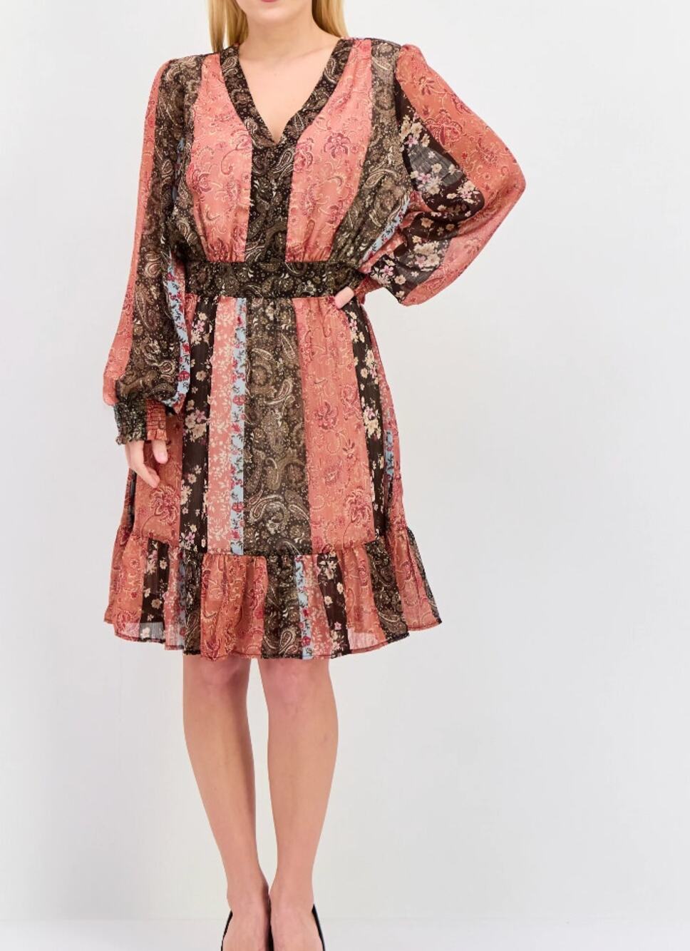 Boho Patchwork Paisley Floral Midi Dress Long Sleeve Flounce Hem Rust Black 2X